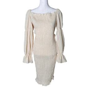 SNDYS. Smocked Courtney bodycon puff sleeve pink gingham dress size 12 L midi